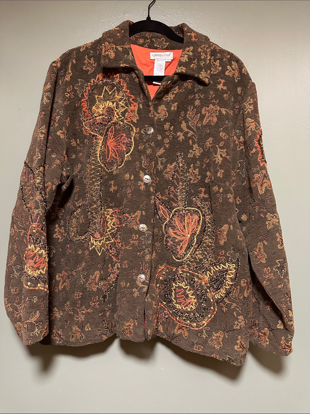 Coldwater Creek Embroidered Brown Button-Up Jacket with Orange Accents 2X